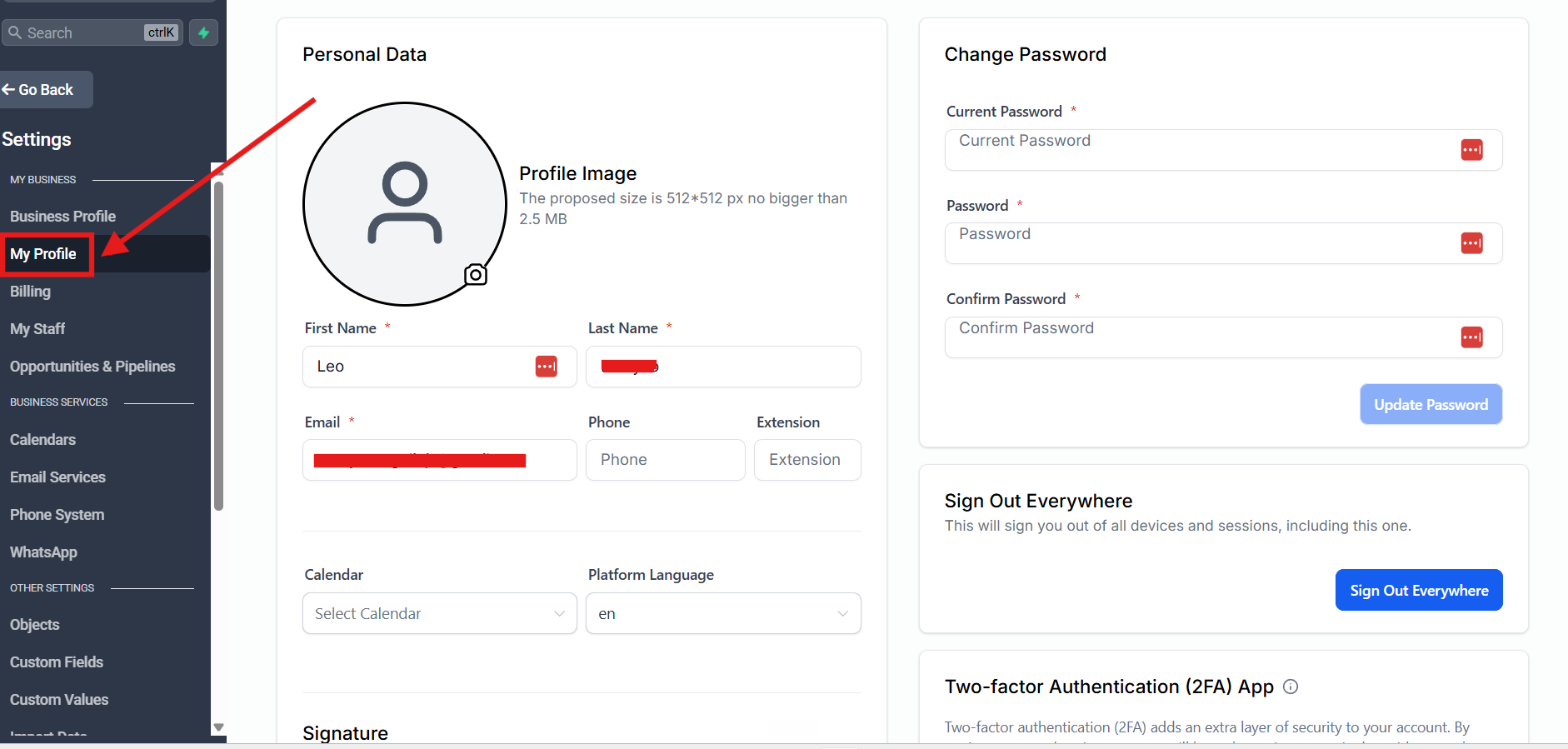 My Profile with the Calendar Settings section