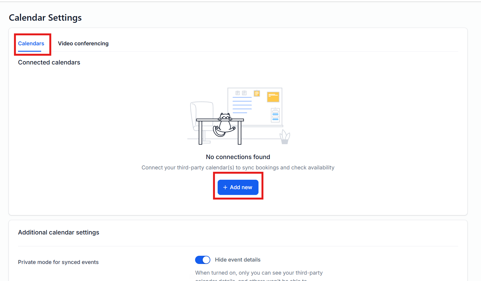 The Calendar Settings page with the + Add new button