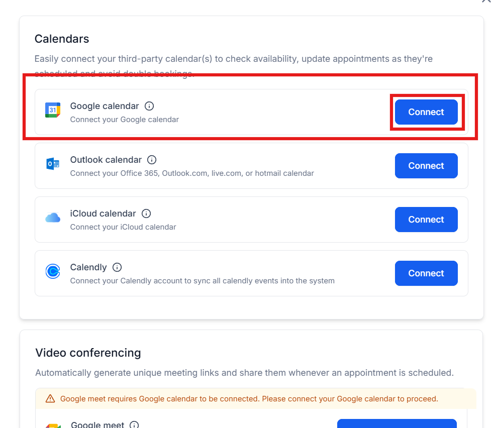 The calendar provider picker with Google