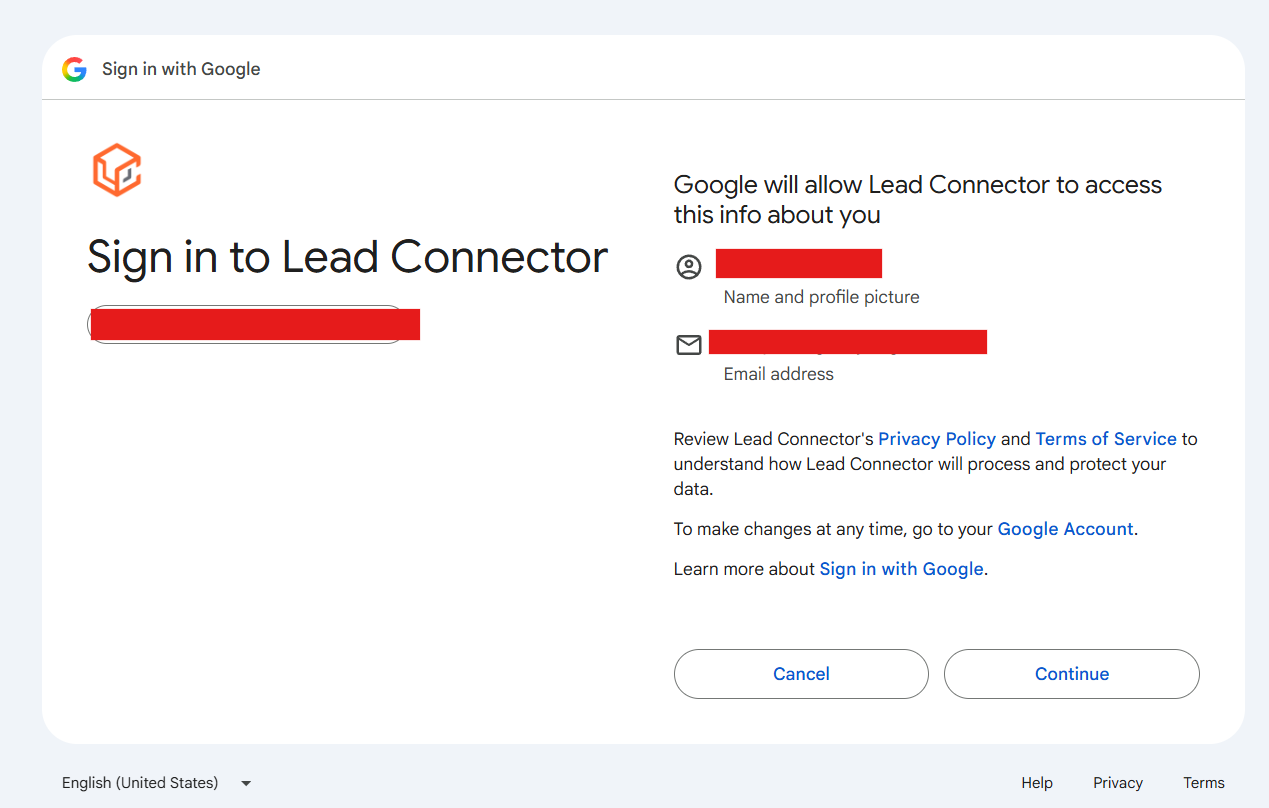 The Sign in to Lead Connector screen with the Continue button