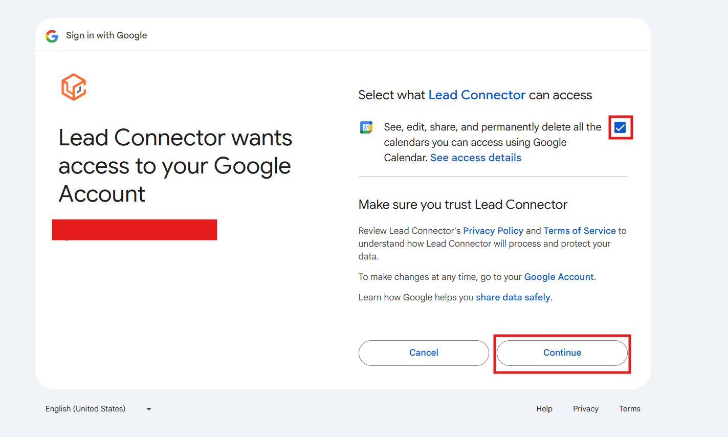 The Lead Connector wants access screen with the checkbox and Continue highlighted