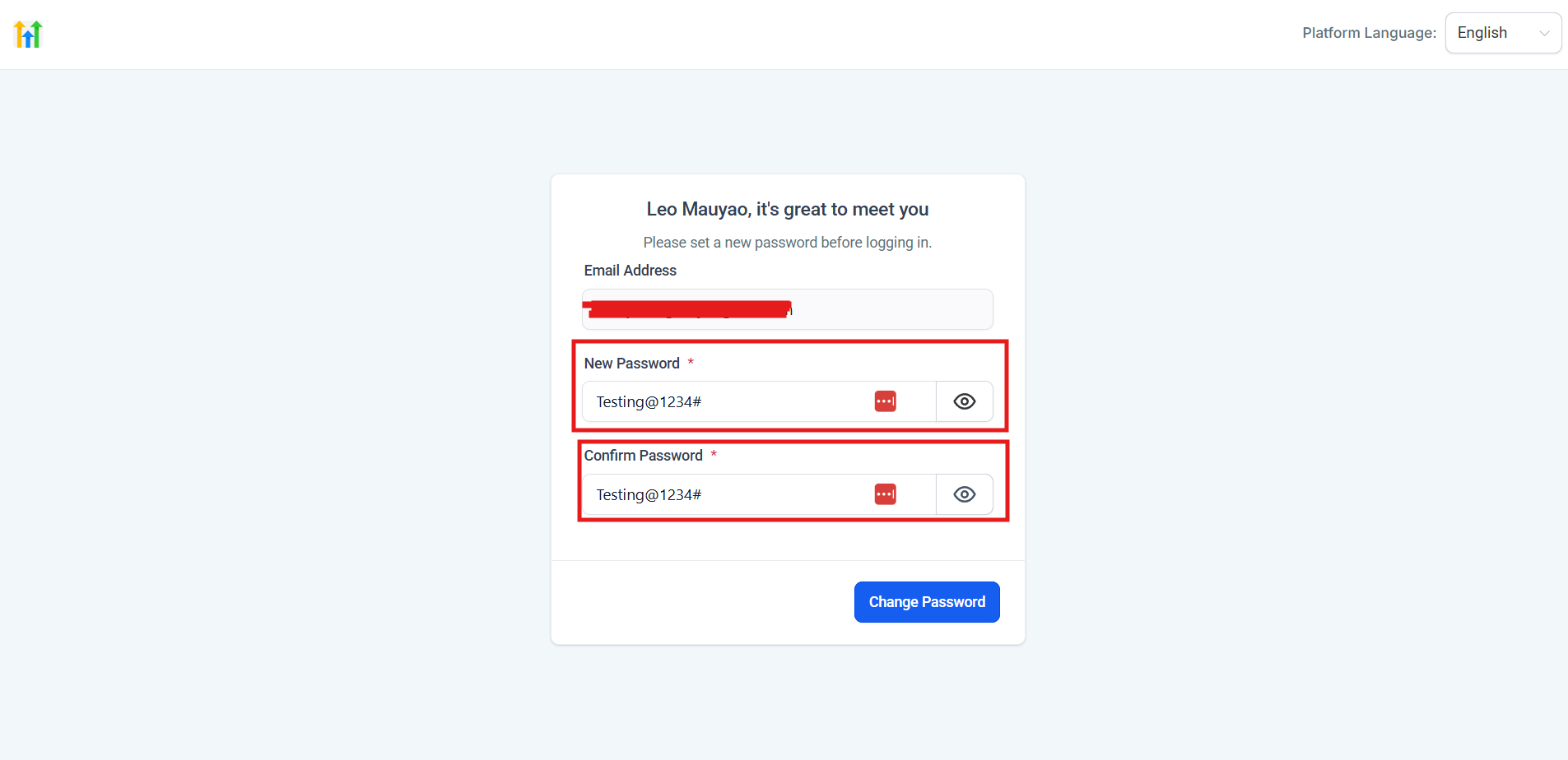 The create-password screen