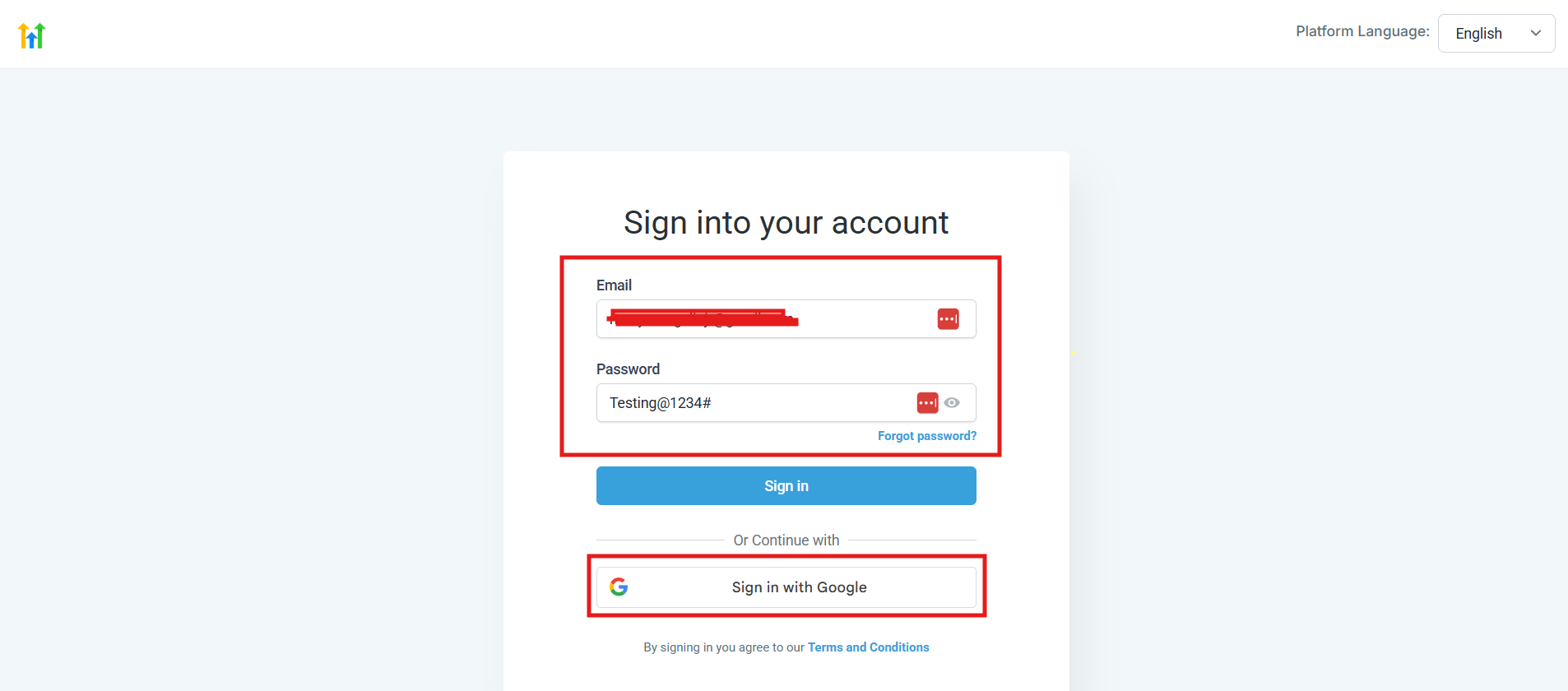 The sign-in page with email and password fields