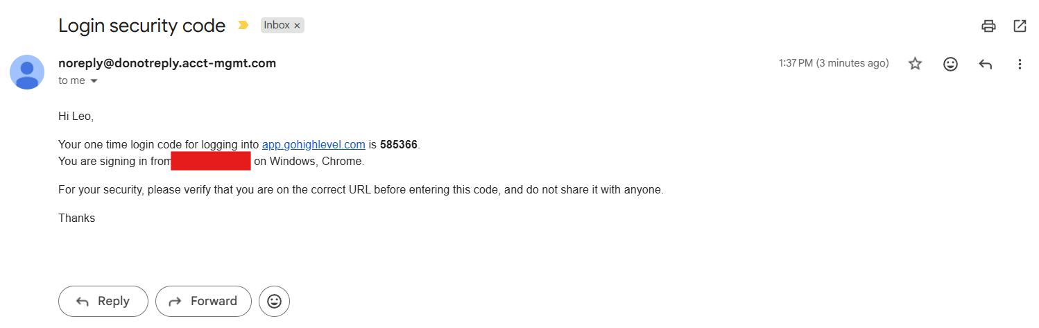The opened email showing the 6-digit code