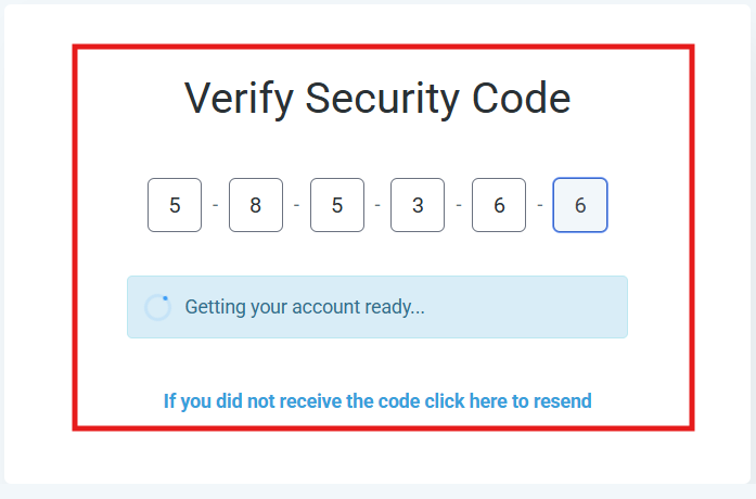 The Verify Security Code screen where you type the code