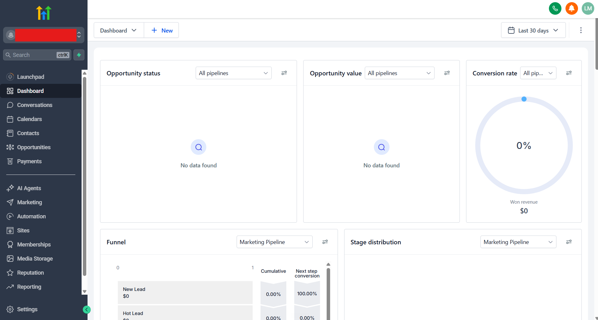 The dashboard after logging in